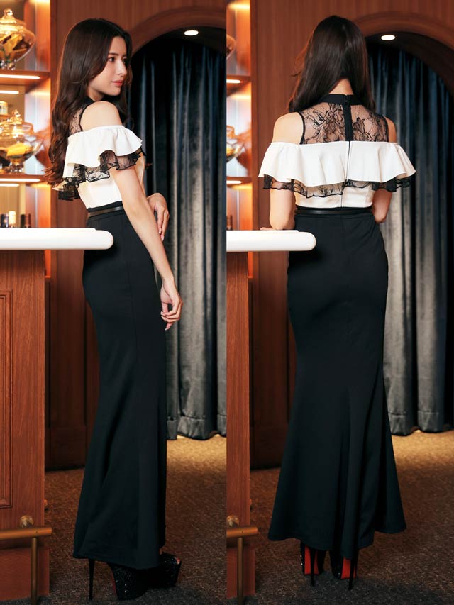 8/26再入荷!オープンショルダーフロントジップフリルリボンタイトロングドレス[SML/3サイズ展開][MOARADY][姉ドレス]