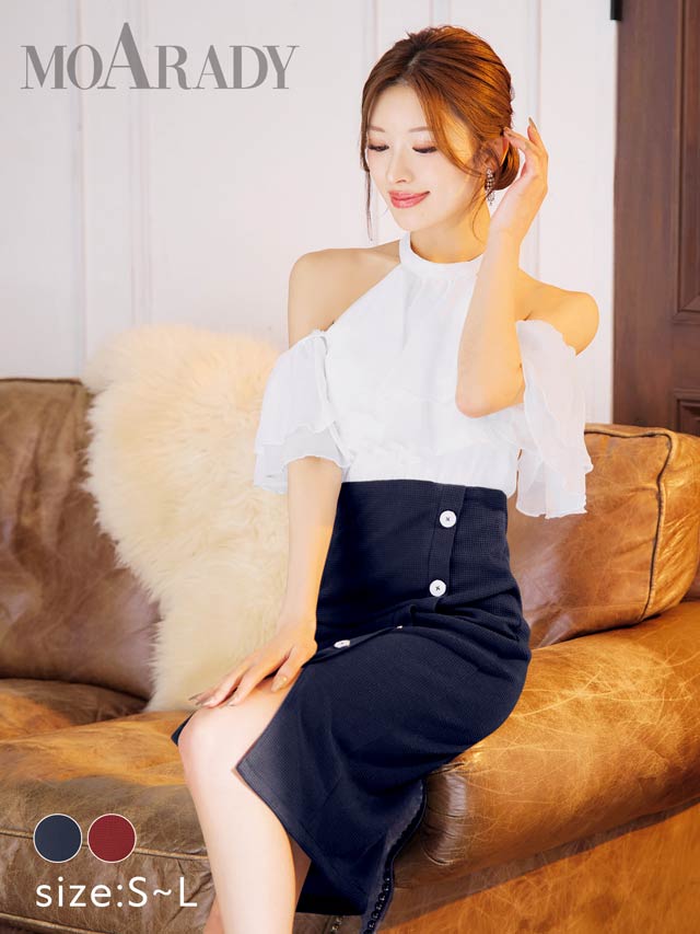 5/20再入荷![MOARADY][姉ドレス]ボリュームシフォンフリルアメスリタイト膝丈ドレス[SML/3サイズ展開]