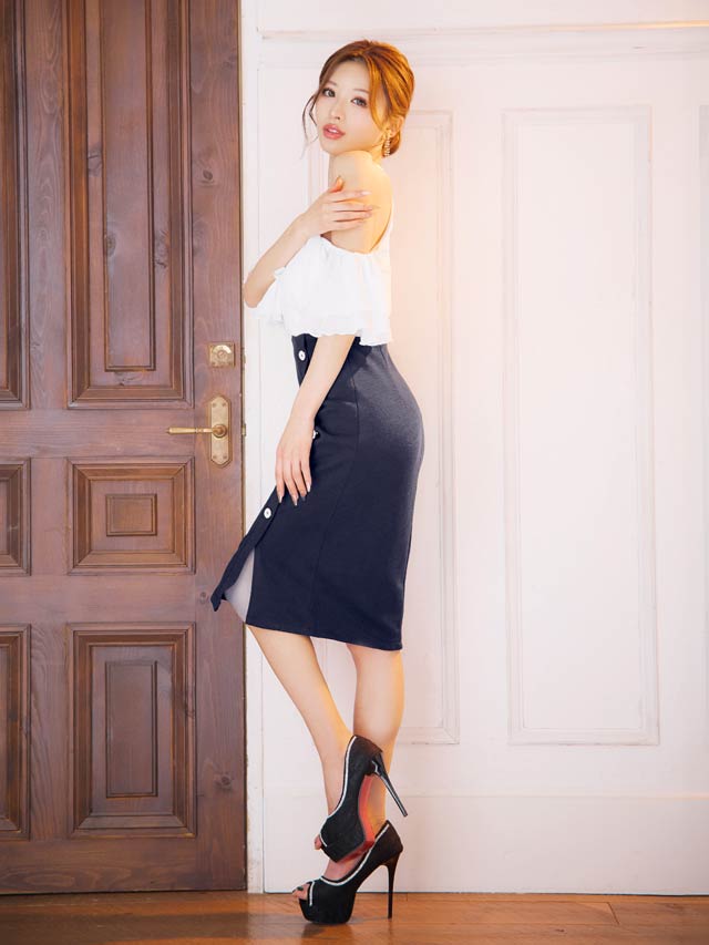 5/20再入荷![MOARADY][姉ドレス]ボリュームシフォンフリルアメスリタイト膝丈ドレス[SML/3サイズ展開]