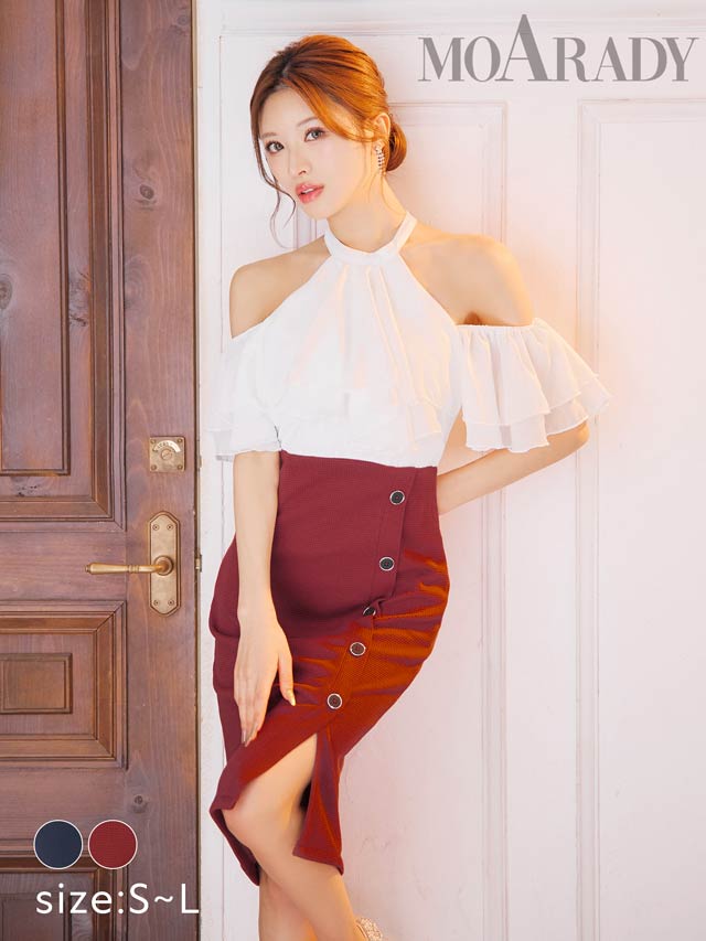 5/20再入荷![MOARADY][姉ドレス]ボリュームシフォンフリルアメスリタイト膝丈ドレス[SML/3サイズ展開]