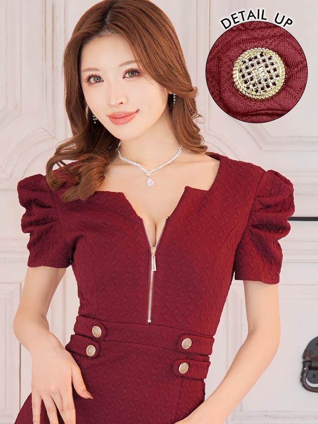 フロントジップ格子パフスリーブタイト膝丈ドレス[SML/3サイズ展開][MOARADY][姉ドレス]