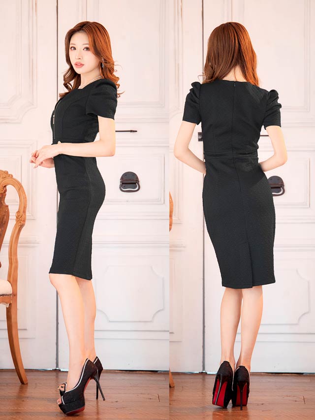 フロントジップ格子パフスリーブタイト膝丈ドレス[SML/3サイズ展開][MOARADY][姉ドレス]