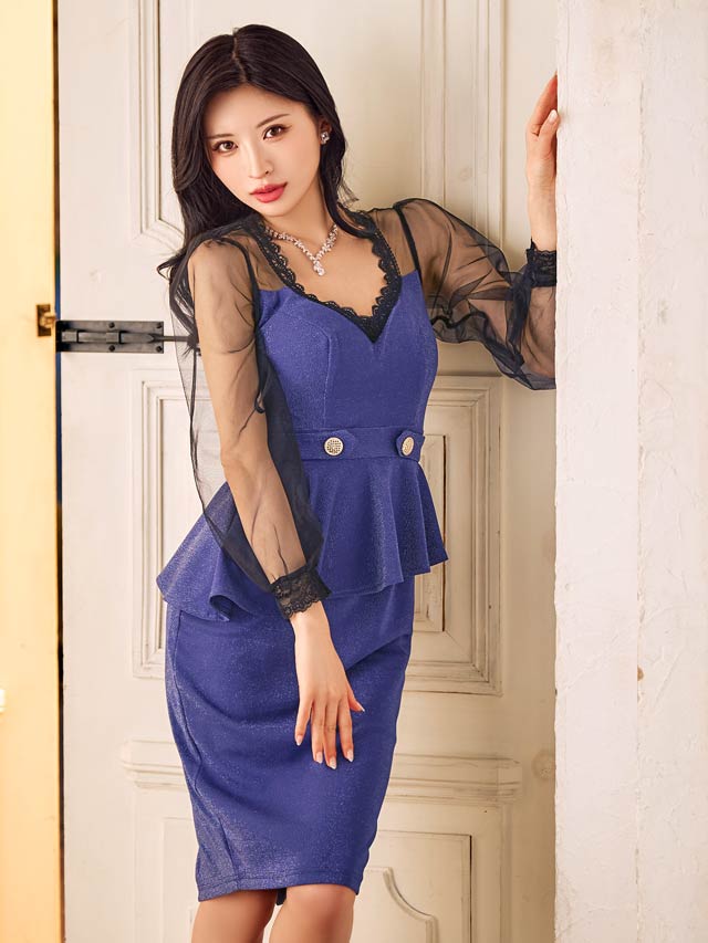 [MOARADY][姉ドレス]グリッターペプラムシアーチュール長袖タイト膝丈ドレス[SML/3サイズ展開]