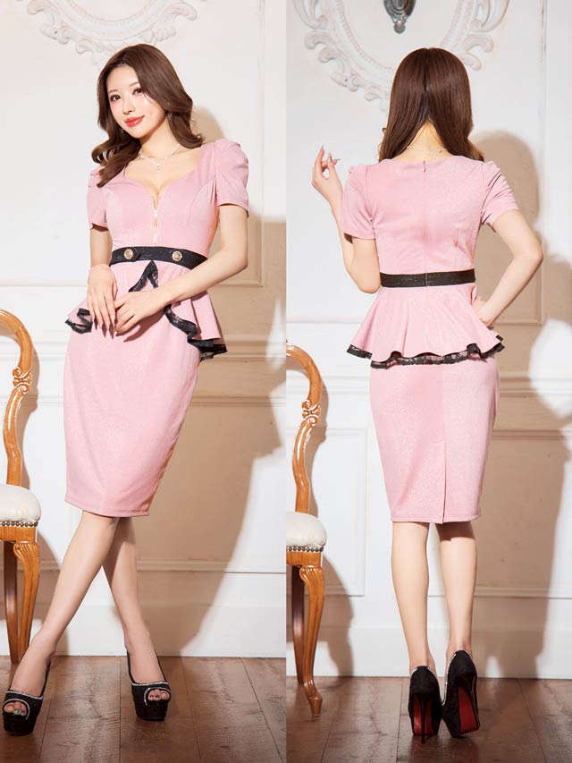 [MOARADY][姉ドレス][SMLサイズ]フロントジップグリッターレースペプラム膝丈タイトドレス[3サイズ展開]