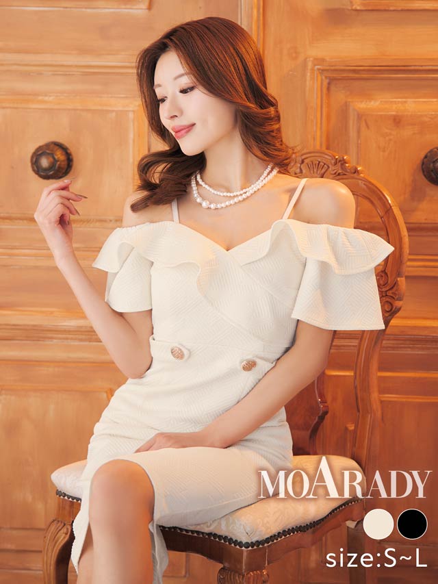 5/20再入荷![MOARADY][姉ドレス]フリルオフショルダーゴールドボタンフレア袖タイト膝丈ドレス[SML/3サイズ展開]