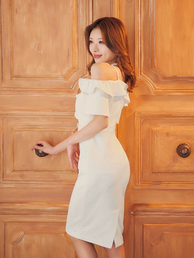 5/20再入荷![MOARADY][姉ドレス]フリルオフショルダーゴールドボタンフレア袖タイト膝丈ドレス[SML/3サイズ展開]