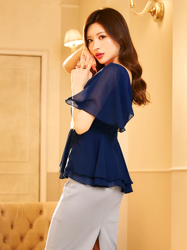 [MOARADY][姉ドレス]Vネックシフォンベルトデザインペプラムタイト膝丈ドレス[SML/3サイズ展開]