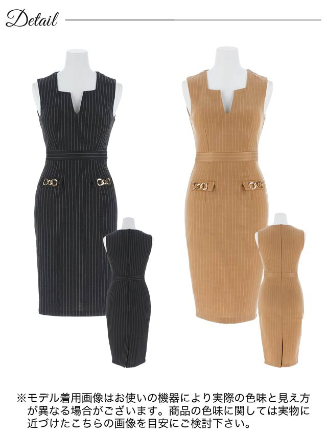 [MOARADY][姉ドレス]ストライプVカットノースリーブタイト膝丈ドレス[SML/3サイズ展開]