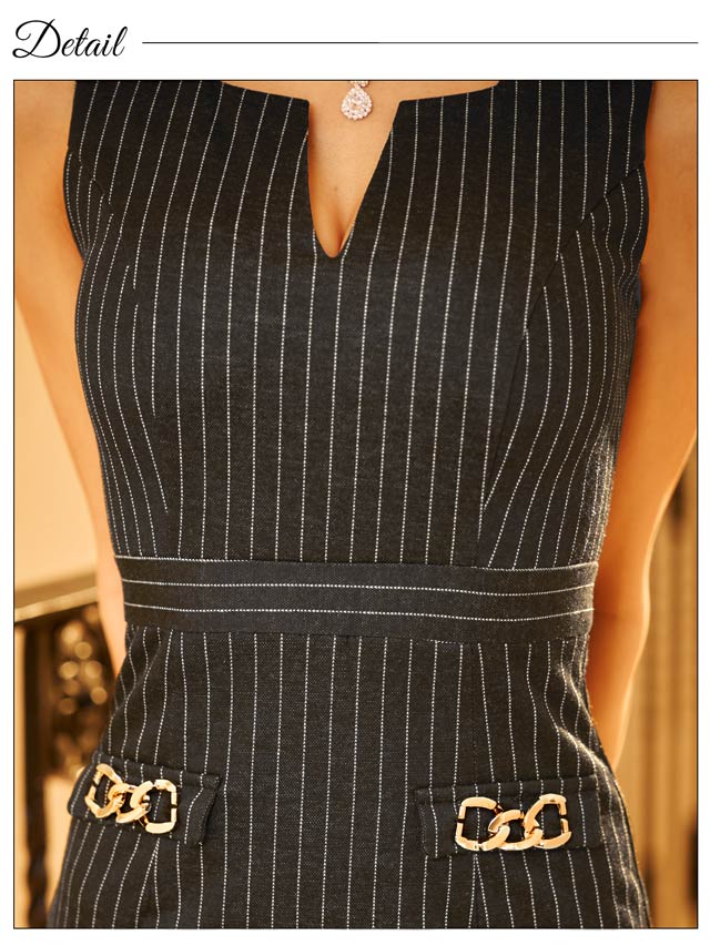 [MOARADY][姉ドレス]ストライプVカットノースリーブタイト膝丈ドレス[SML/3サイズ展開]