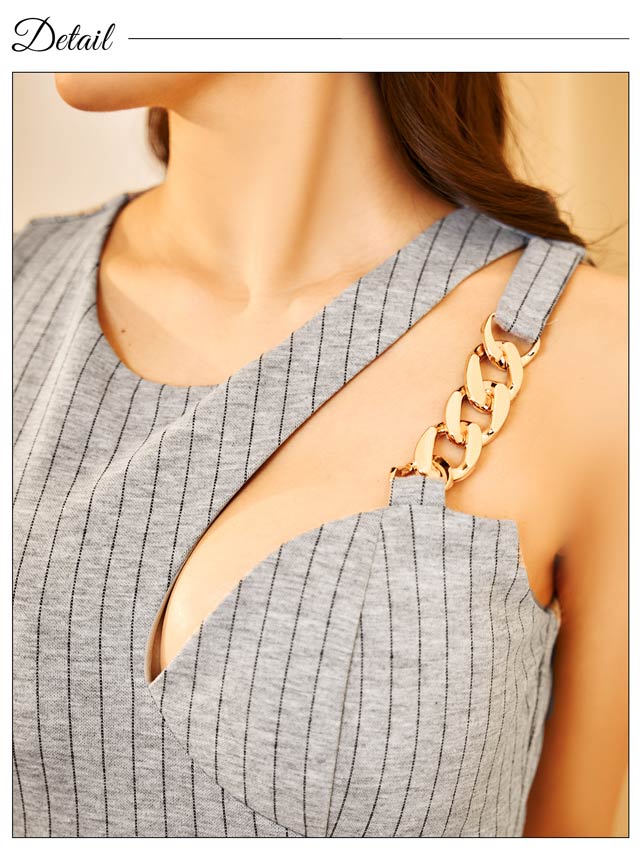 [MOARADY][姉ドレス]ストライプアシメチェーンノースリーブタイト膝丈ドレス[SML/3サイズ展開]