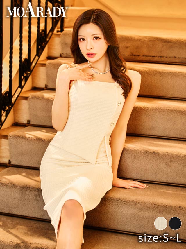 6/6新作![MOARADY][姉ドレス]アシメショルダーチェーンスリットタイト膝丈ドレス[SML/3サイズ展開]