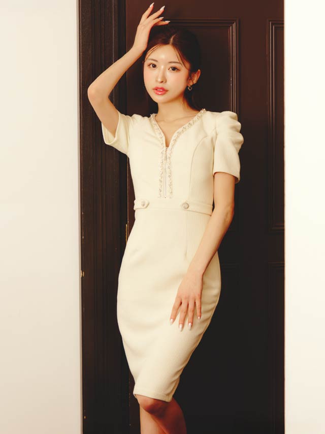 7/30新作![MOARADY][姉ドレス]ツイードビジュージップパフスリーブタイト膝丈ドレス[SML/3サイズ展開]