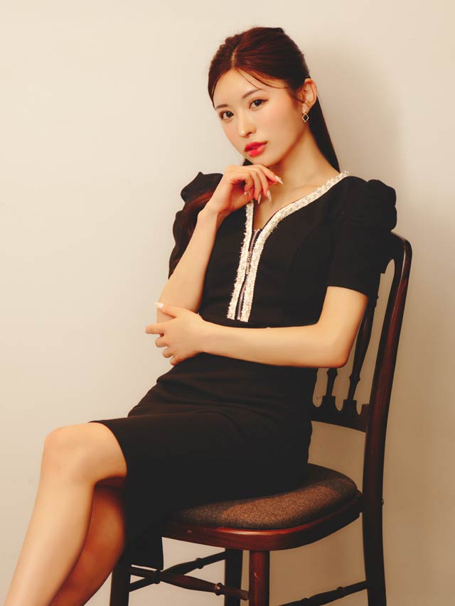 7/30新作![MOARADY][姉ドレス]ツイードビジュージップパフスリーブタイト膝丈ドレス[SML/3サイズ展開]