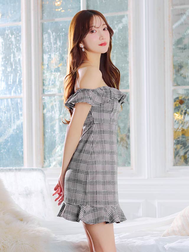 [SMLサイズ]フリルグレンチェックオフショルマーメイドミニドレス[3サイズ展開]
