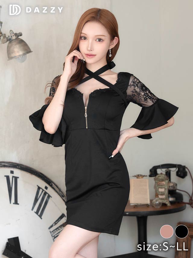 クロスネックフロントジップベルスリーブタイトミニドレス[S~LL/4サイズ展開]