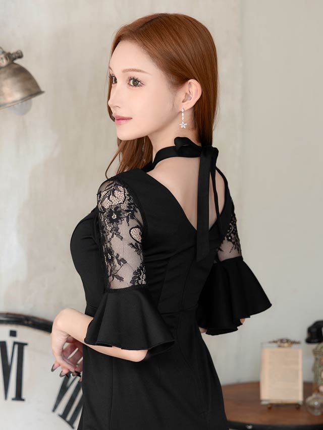 クロスネックフロントジップベルスリーブタイトミニドレス[S~LL/4サイズ展開]