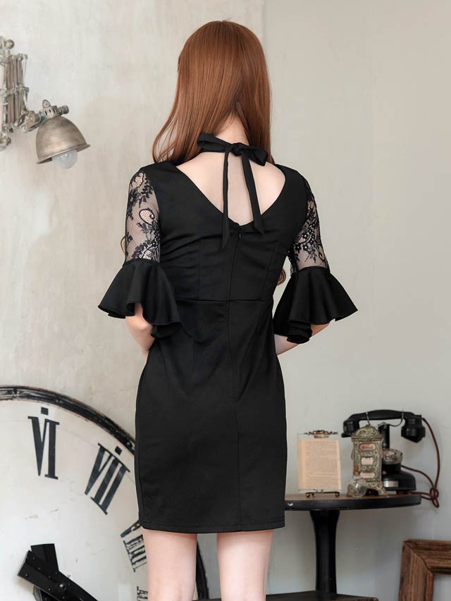 クロスネックフロントジップベルスリーブタイトミニドレス[S~LL/4サイズ展開]