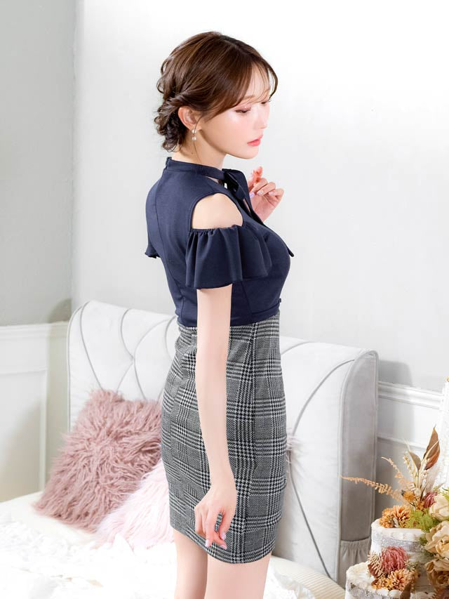 [SMLサイズ]グレンチェックリボンネックフリルオープンショルダータイトミニドレス[3サイズ展開]