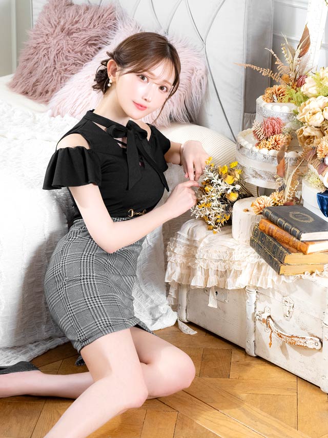 [SMLサイズ]グレンチェックリボンネックフリルオープンショルダータイトミニドレス[3サイズ展開]