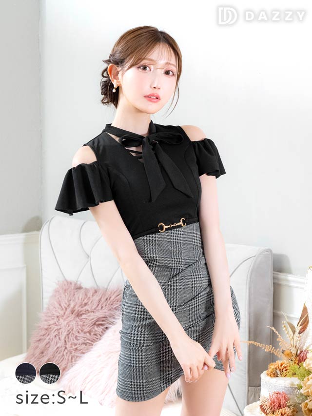 [SMLサイズ]グレンチェックリボンネックフリルオープンショルダータイトミニドレス[3サイズ展開]