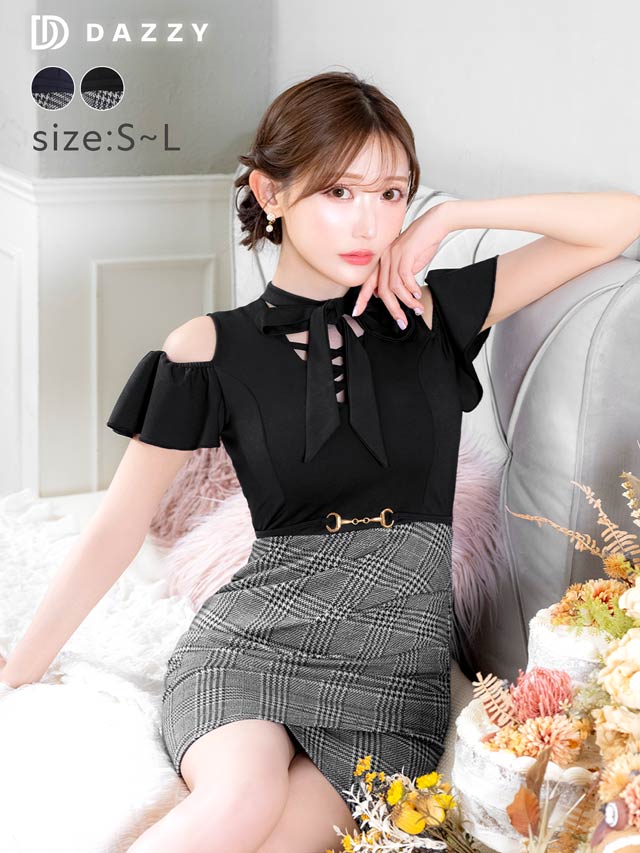 [SMLサイズ]グレンチェックリボンネックフリルオープンショルダータイトミニドレス[3サイズ展開]