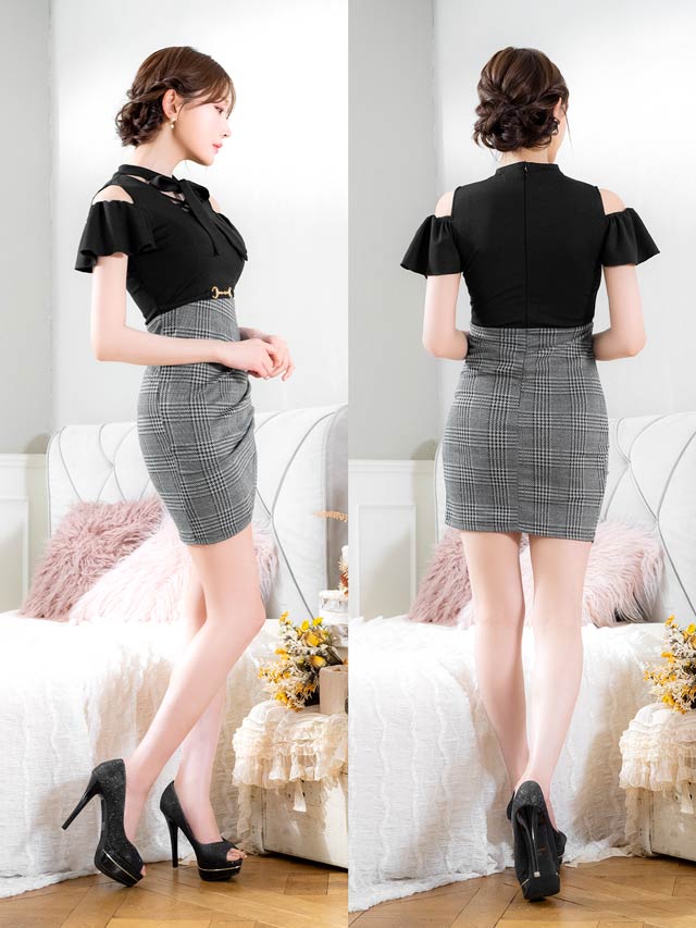 [SMLサイズ]グレンチェックリボンネックフリルオープンショルダータイトミニドレス[3サイズ展開]