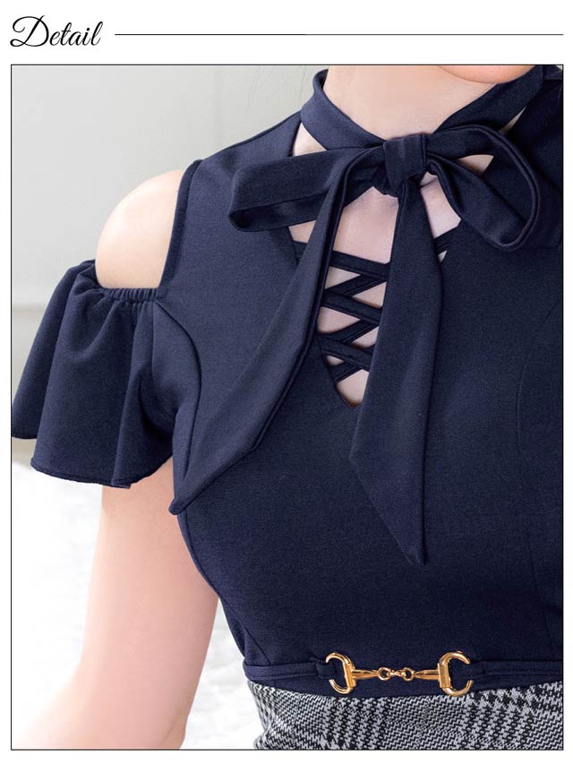 [SMLサイズ]グレンチェックリボンネックフリルオープンショルダータイトミニドレス[3サイズ展開]