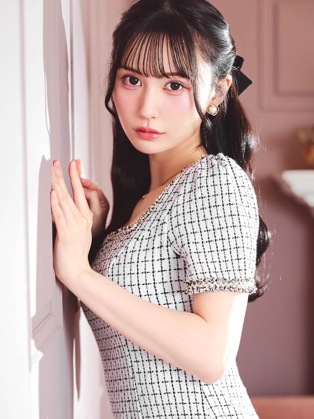 [SMLサイズ]モノトーンチェックパイピング刺繍半袖タイトミニドレス[3サイズ展開]