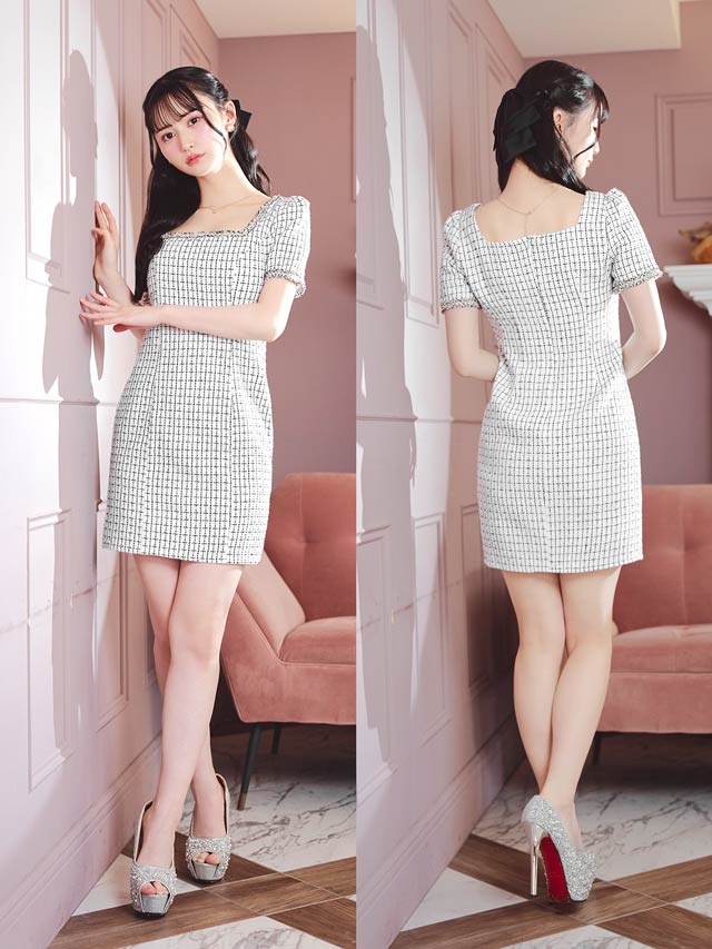 [SMLサイズ]モノトーンチェックパイピング刺繍半袖タイトミニドレス[3サイズ展開]