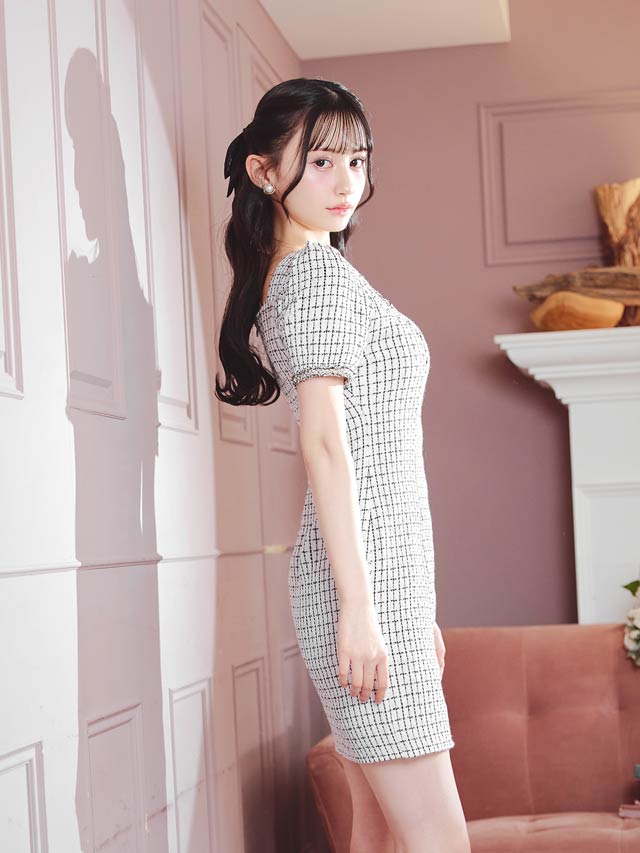 [SMLサイズ]モノトーンチェックパイピング刺繍半袖タイトミニドレス[3サイズ展開]