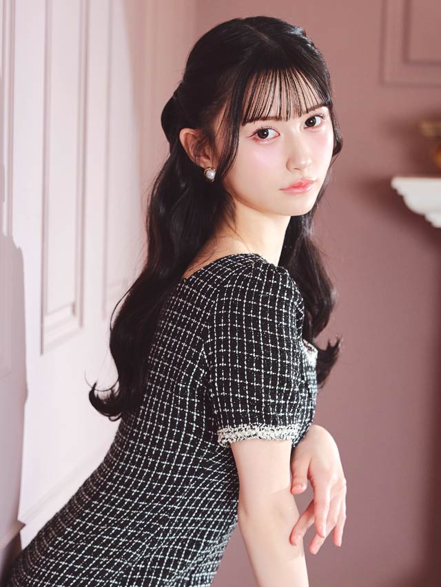 [SMLサイズ]モノトーンチェックパイピング刺繍半袖タイトミニドレス[3サイズ展開]