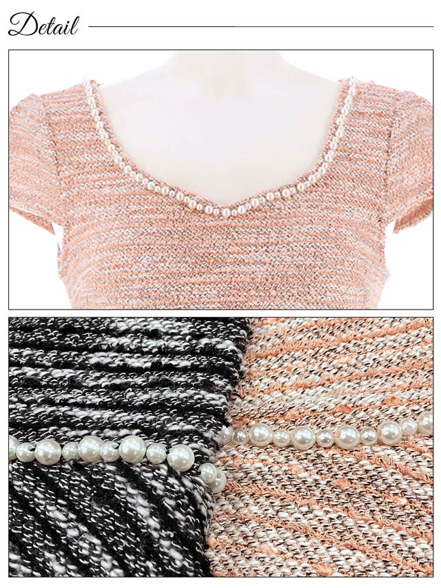 [SMLサイズ]ミックスラインパールビジュー半袖マーメイド膝丈ドレス[3サイズ展開]