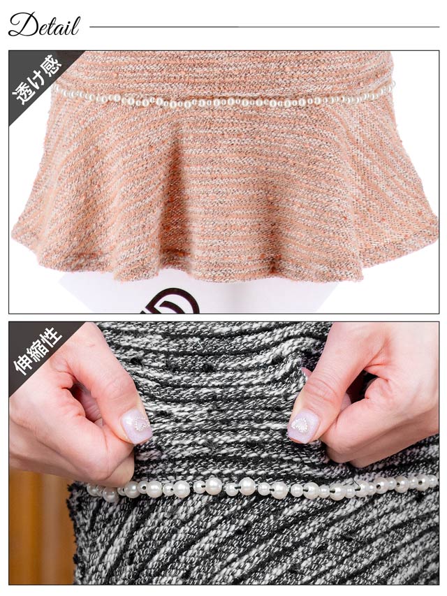 [SMLサイズ]ミックスラインパールビジュー半袖マーメイド膝丈ドレス[3サイズ展開]