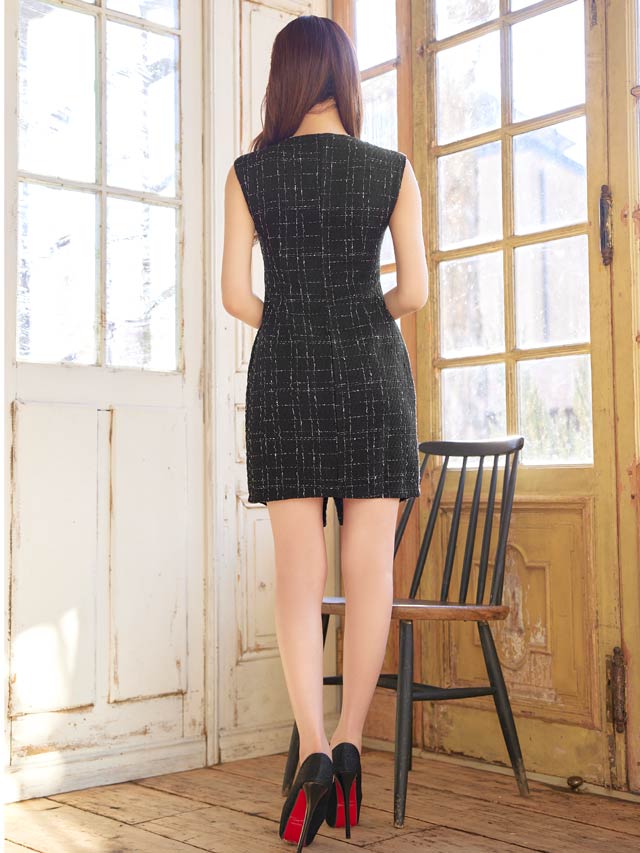 [SMLサイズ]ツイードチェックジップスリットノースリーブタイトミニドレス[3サイズ展開][伊藤桃々着用]