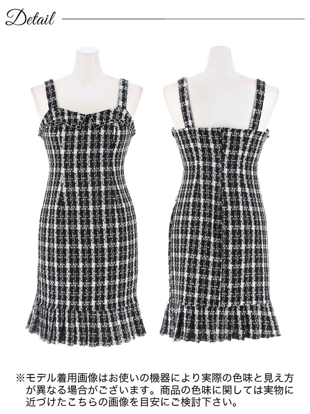 [SMLサイズ]チェックツイードノースリーブチェーンマーメイドミニドレス[3サイズ展開][伊藤桃々着用]