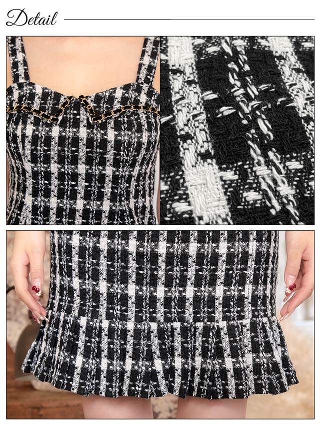 [SMLサイズ]チェックツイードノースリーブチェーンマーメイドミニドレス[3サイズ展開][伊藤桃々着用]