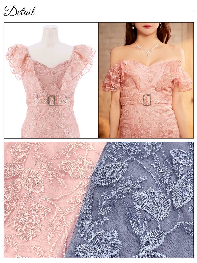 オールフラワー刺繍レースベルトモチーフフリル袖タイトミニドレス[SML/3サイズ展開]