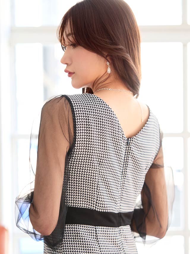 [SMLサイズ]ツイードチェックフロントラインチュール長袖タイトミニドレス[3サイズ展開]