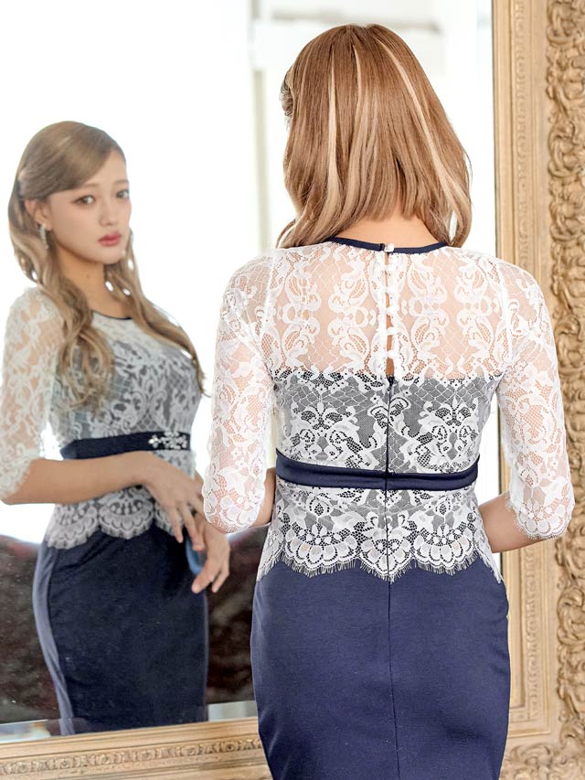 バイカラーシアーレース五分袖ビジュータイトミニドレス[SML/3サイズ展開]