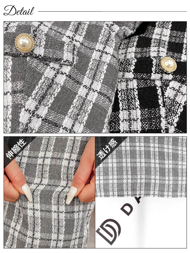 スクエアフロントジップチェックペプラム半袖タイトミニドレス[SML/3サイズ展開]