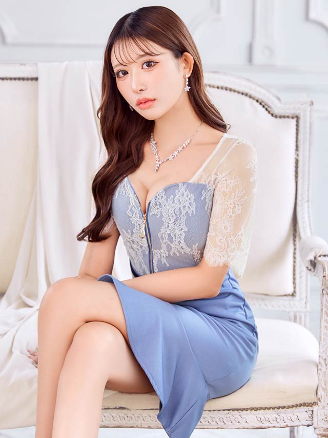 シアーレースジップアップ五分袖ベルト付きマーメイドミニドレス[S~LL/4サイズ展開][伊藤桃々着用]