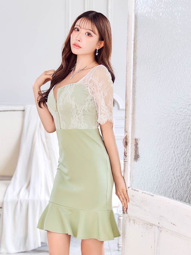 シアーレースジップアップ五分袖ベルト付きマーメイドミニドレス[S~LL/4サイズ展開][伊藤桃々着用]