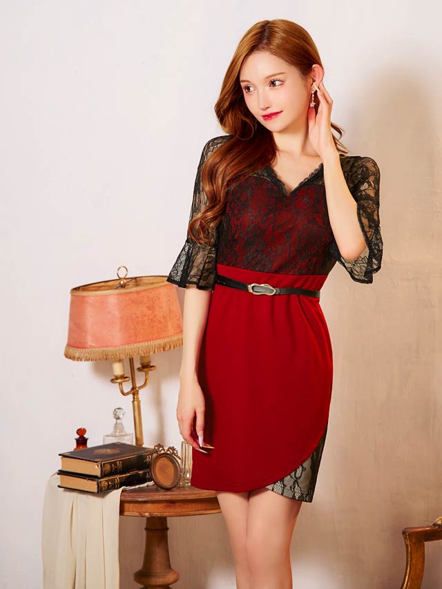 7/22再入荷!Vネックフラワーレース七分袖ベルト付きタイトミニドレス[S~LL/4サイズ展開]