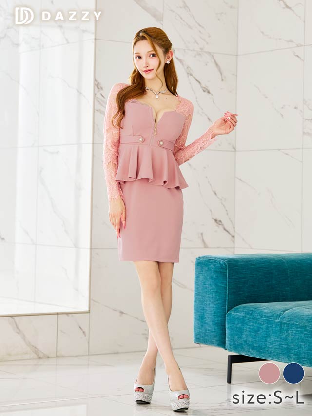 5/21新作!ドッキングレースジップサイドベルトモチーフペプラム長袖タイトミニドレス[SML/3サイズ展開]