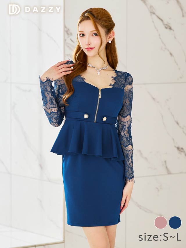 5/21新作!ドッキングレースジップサイドベルトモチーフペプラム長袖タイトミニドレス[SML/3サイズ展開]