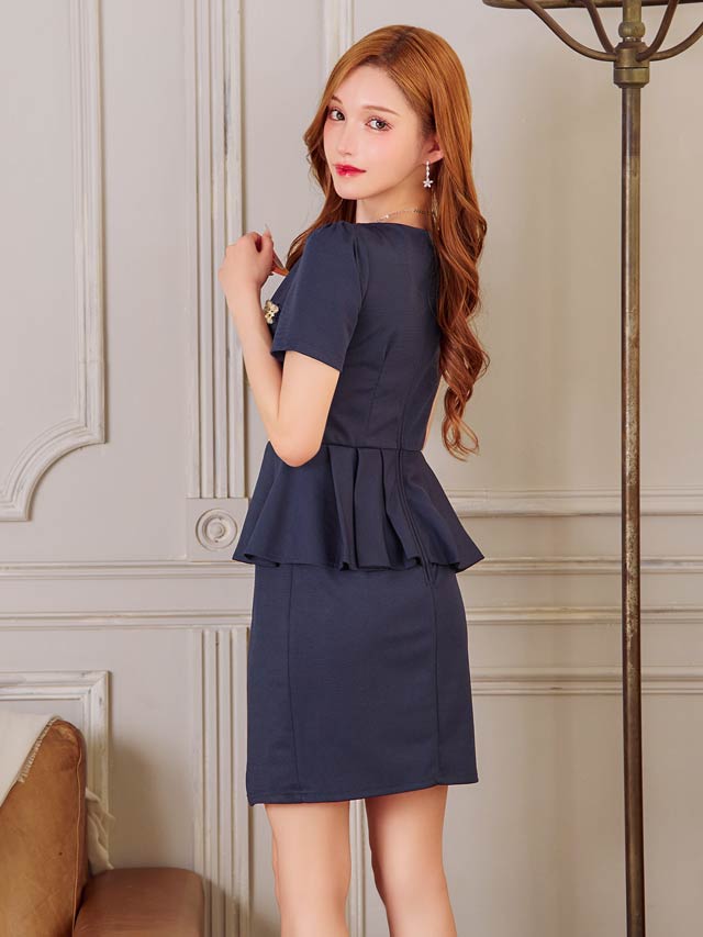 7/22再入荷!プリーツペプラムツイードライン半袖タイトミニドレス[SML/3サイズ展開]