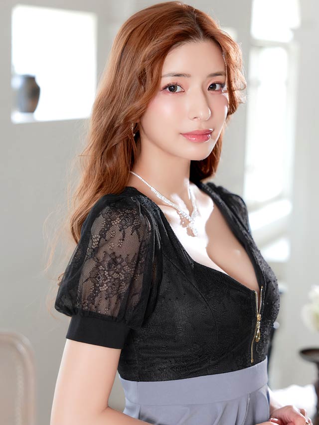 フロントジップレースパフスリーブペプラムタイトミニドレス[SML/3サイズ展開]