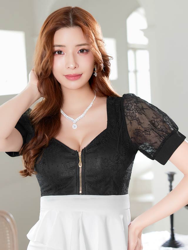 フロントジップレースパフスリーブペプラムタイトミニドレス[SML/3サイズ展開]