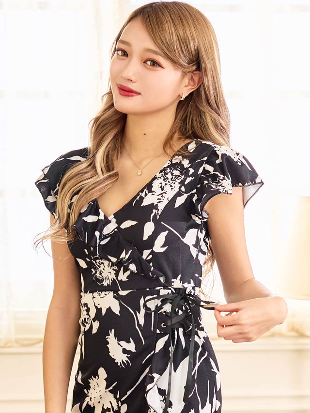 [XS~Lサイズ]カシュクールフラワーレースアップフリル袖タイトミニドレス[4サイズ展開]