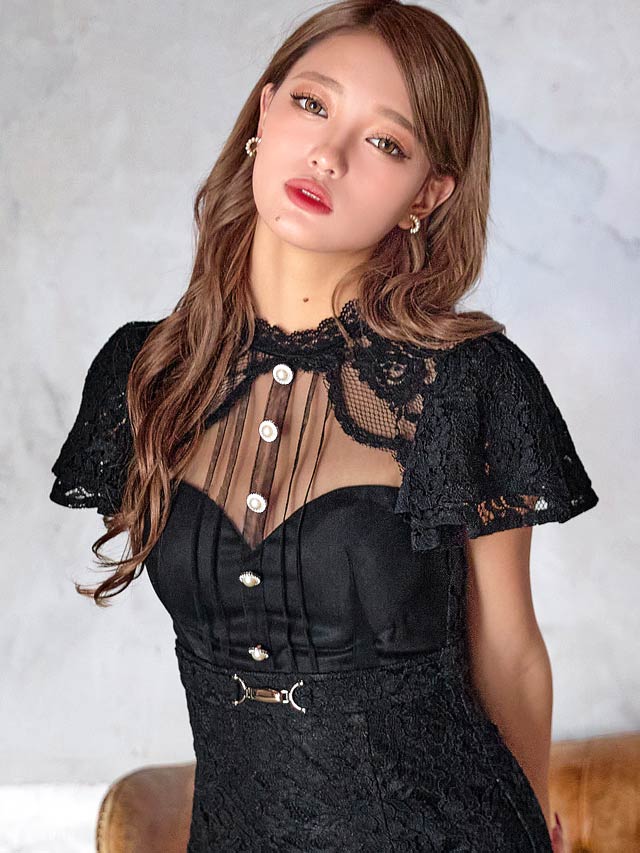 [XS~Lサイズ]レースネックパールビジューベルトモチーフフレア袖タイトミニドレス[4サイズ展開]